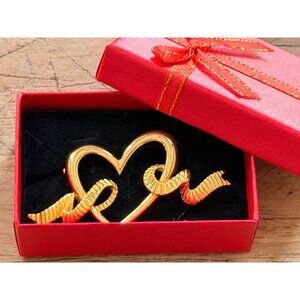 Gold-Tone open Heart Brooch With Ribbon Design In Gift Box